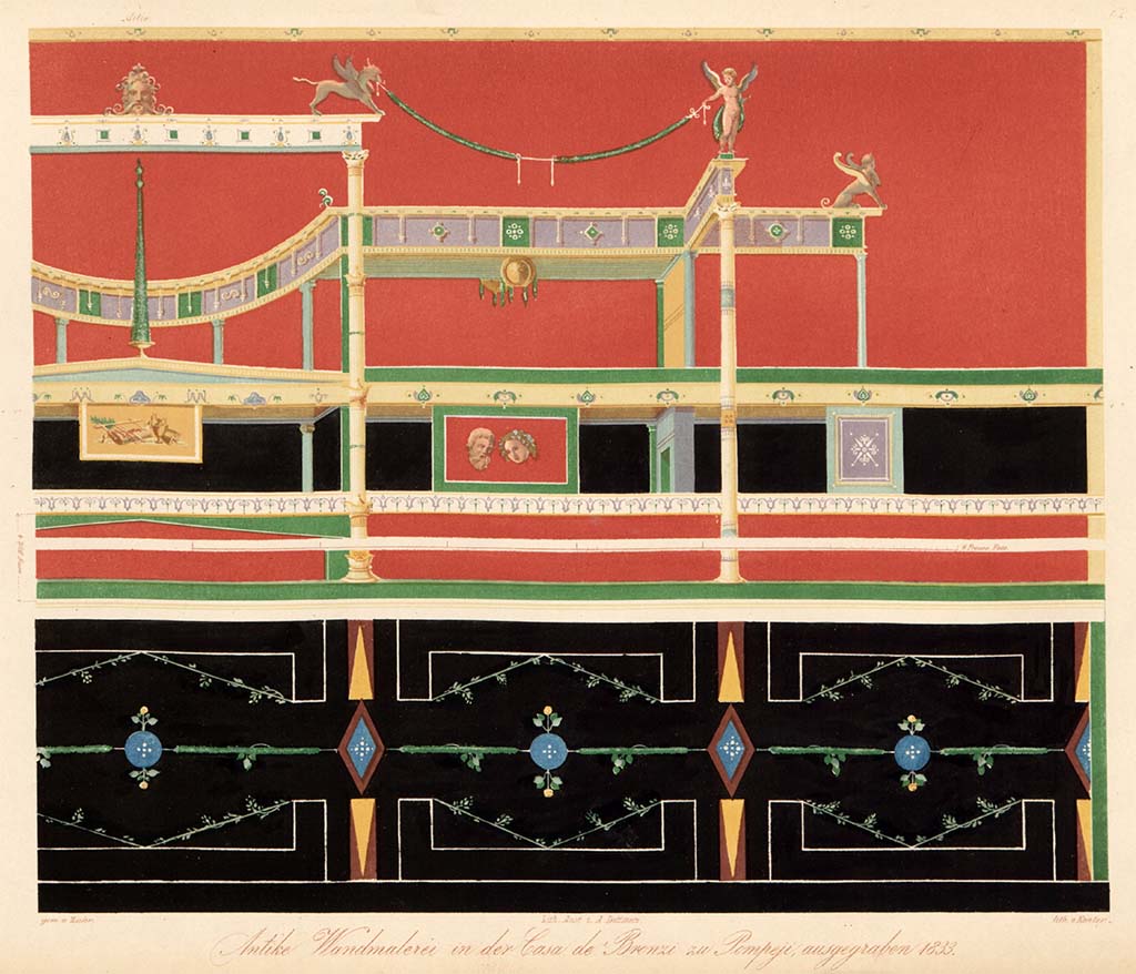 VII.4.59 Pompeii. Pre-1849. Painting by Zahn of part of wall decoration and zoccolo of west wall in oecus m.
See Zahn W., 1849. Ornamente aller klassischen Kunst-Epochen nach den Originalen in ihren eigenthümlichen Farben. Berlin: Reimer, Taf. 62
