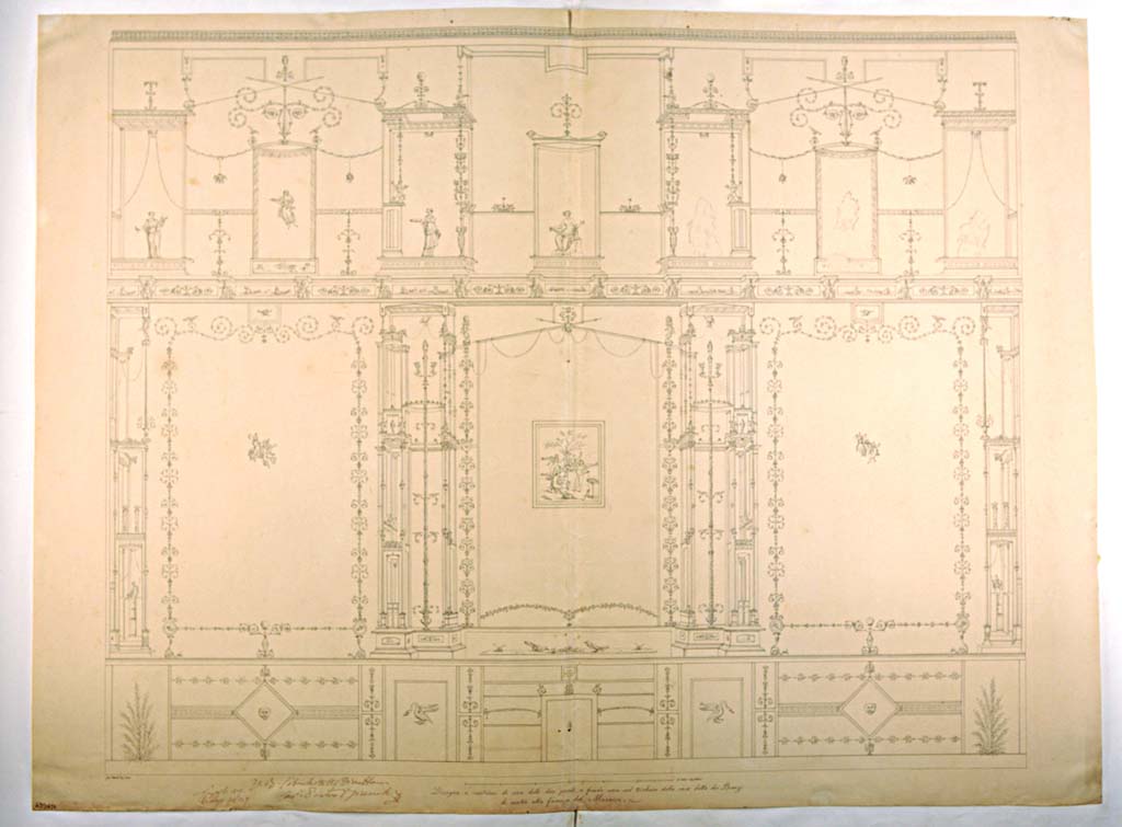 VII.4.59 Pompeii. Exedra or triclinium y, west wall. 1836 drawing by Giuseppe Abbate of triclinium wall with black background. 
According to ICCD, the drawing reproduces a wall decoration in IV style. 
The plinth is divided into rectangular panels of various sizes decorated with plant motifs, rhombuses in which leonine heads, cornices, garlands and swans are inserted; there follows the median area composed of side panels with rich floral framing in which groups of figures are inserted in flight and a central panel with "pinax" depicting a scene with sacrificial cupids; architectural scenes with candelabras separate the panels from the central area and statues of divinities, one of which is probably Dionysus, are placed in front of the open door at the base of the architectural wings of the extremities. The upper area is occupied by compartments connected by perforated borders, garlands and trabeations; inside the central aedicula Danae is sitting, while in the others there are offerants and figures in flight.
It was left in situ and has now vanished.
Now in Naples Archaeological Museum. Inventory number ADS 672.
Photo © ICCD. https://www.catalogo.beniculturali.it/
Utilizzabili alle condizioni della licenza Attribuzione - Non commerciale - Condividi allo stesso modo 2.5 Italia (CC BY-NC-SA 2.5 IT)
Kuivalainen comments –
“The identification of the statue as a young almost naked Bacchus is supported by the whole set of different divinities, along with his characteristic attributes”.
See Kuivalainen, I., 2021. The Portrayal of Pompeian Bacchus. Commentationes Humanarum Litterarum 140. Helsinki: Finnish Society of Sciences and Letters, (p.97, B6).
