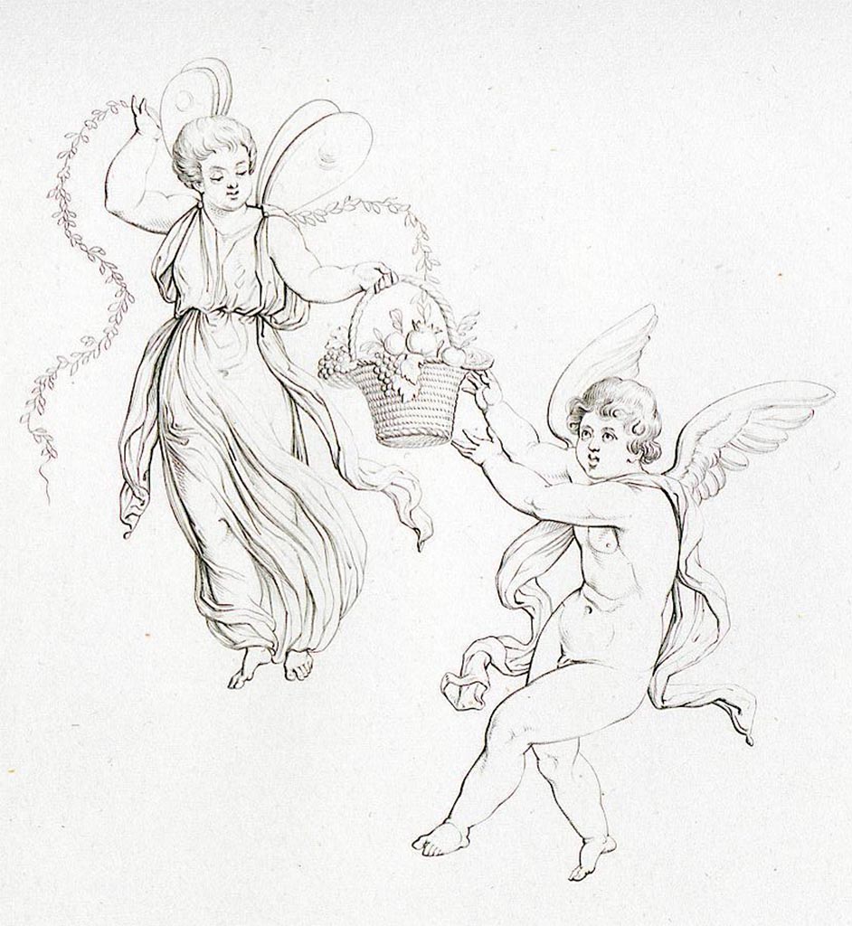 VII.4.59 Pompeii. 
Drawing by La Volpe of cupid and Psyche from one of the side panels of the exedra or triclinium y. 
See Real Museo Borbonico XI, 1835, tav. LVII.
