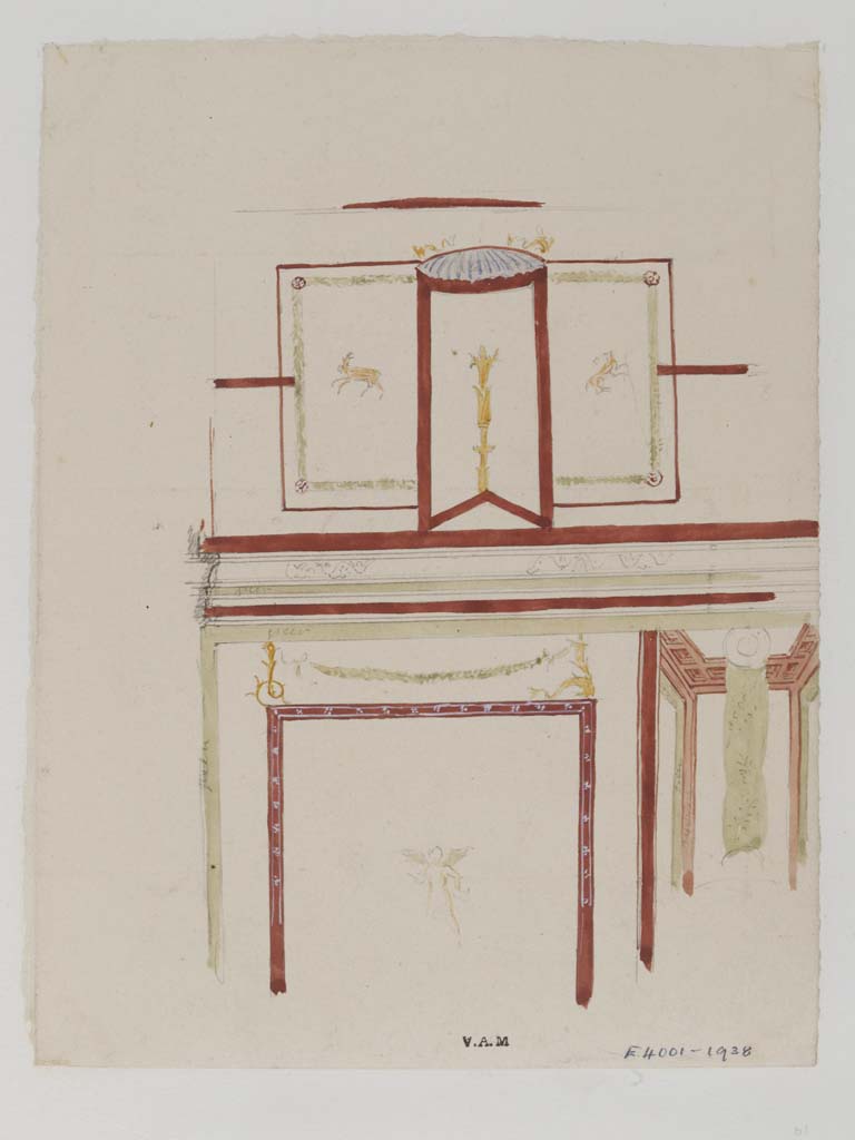 VII.4.62 Pompeii. c.1840. Cubiculum, detail from upper south wall in a painting by James William Wild.  
Photo � Victoria and Albert Museum, inventory number E.4001-1938.
