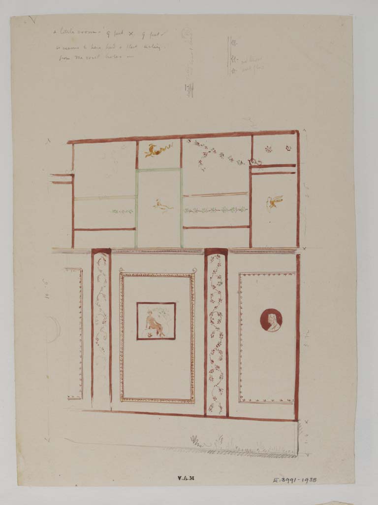 VII.4.62 Pompeii. c.1840. Painting by James William Wild of part of north wall of a cubiculum on west side of atrium.
In the central painting, Narcissus can be recognised. (Helbig 1345).
Photo � Victoria and Albert Museum, inventory number E.3991-1938.
