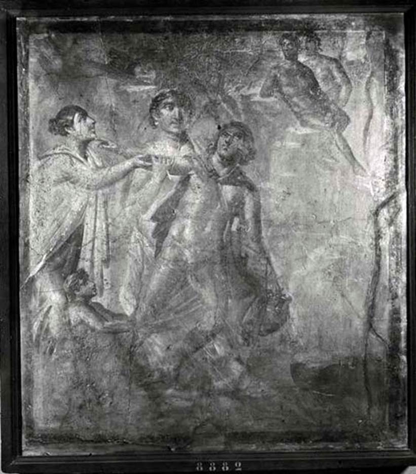 VII.4.62 Pompeii. Triclinium 7, north wall, fresco of the rape of Hylas.
Now in Naples Archaeological Museum.  Inventory number 8882.
See Staub Gierow M., 2000. Casa delle forme di creta (VII.4.61-63): Hauser in Pompeji Band 10, DAI. M�nchen: Hirmer, p. 100, figs. 352-3.
