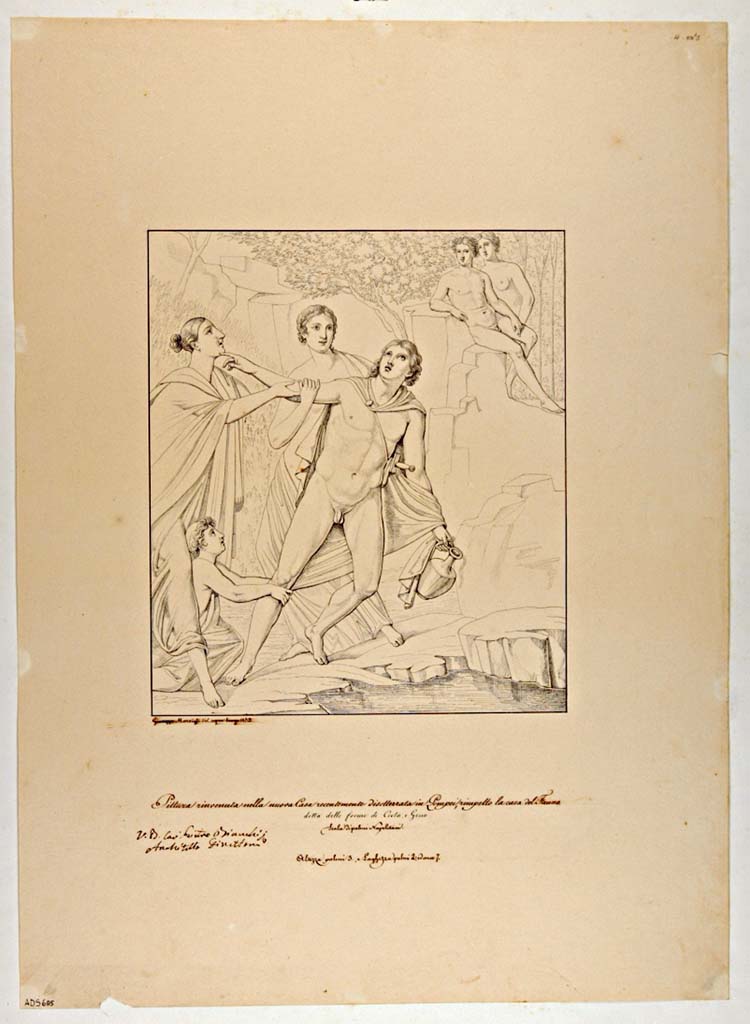VII.4.62 Pompeii. Triclinium 7, north wall. Drawing by Giuseppe Marsigli, 1833, a copy of the painting of the rape of Hylas
Now in Naples Archaeological Museum. Inventory number ADS 685.
Photo � ICCD. http://www.catalogo.beniculturali.it
Utilizzabili alle condizioni della licenza Attribuzione - Non commerciale - Condividi allo stesso modo 2.5 Italia (CC BY-NC-SA 2.5 IT)
