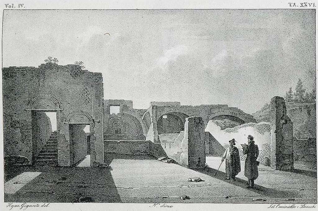 VII.5.1, Pompeii, on left. Pre-1827 drawing by Hyac. Gigante. Looking south towards the �ruins� of the Forum Baths, as excavated.
Looking south from Via delle Terme towards VII.5.1, steps to upper floor; VII.5.2 an entrance doorway; VII.5.3 and VII.5.4, shops.
See Real Museo Borbonico, vol. IV, 1827, Tav. XXVI.
