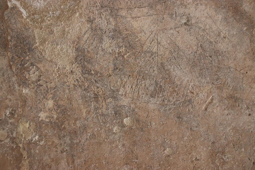 VII.5.8 Pompeii. October 2024. Corridor 45, ship graffiti. Photo courtesy of Klaus Heese.