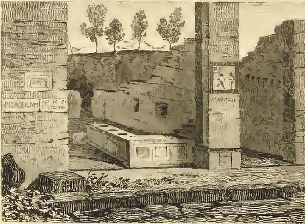 VII.5.14 Pompeii, on left. Pre-1819. Looking north towards entrance doorway on Vicolo dei Soprastanti.
In the east wall, the square niche mentioned by Boyce, above, can be seen.
See Gell, W, and Gandy J. P., 1819. Pompeiana. London: Rodwell and Martin, p. 196.
An inscription to Marcellum CIL IV 539 appears to have been found under the painting of the gladiators on the right-hand pilaster shared with VII.5.15. 

According to Epigraphik-Datenbank Clauss/Slaby (See www.manfredclauss.de), it read �

Marcellum aed(ilem) EAMH() roga(t?)   [CIL IV 539]
