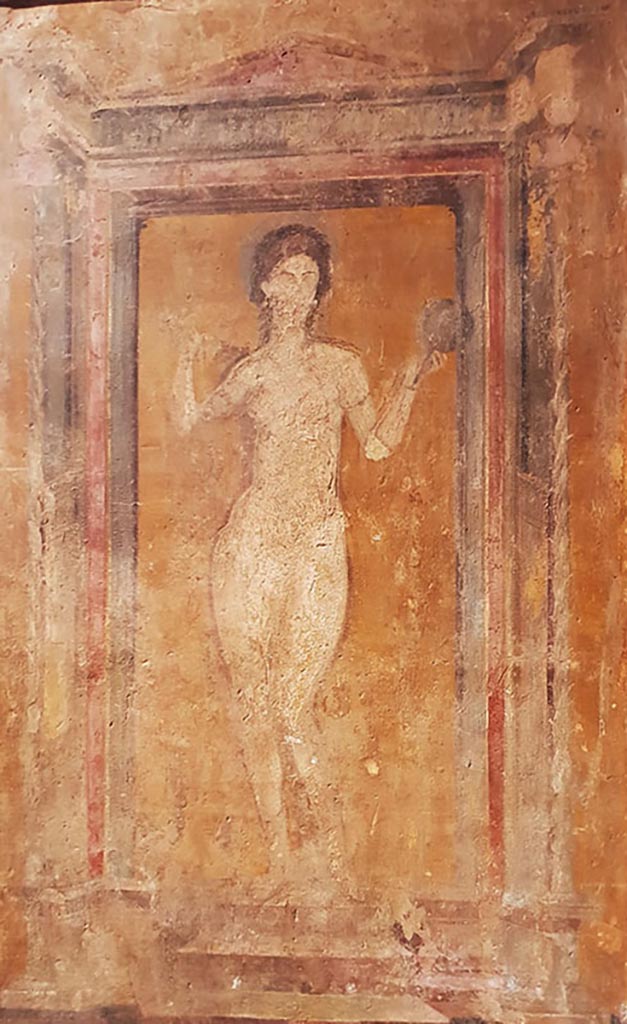 VII.6.13/14 Pompeii. Painting of Venus with her mirror, from the wall in front of a sort of shop, at the side of the Large Baths.
Two paintings were found, this one from the rear wall was detached and taken to Naples Archaeological Museum, inventory number 28873. 
Our thanks to Rachel Lowder for helping with this.
