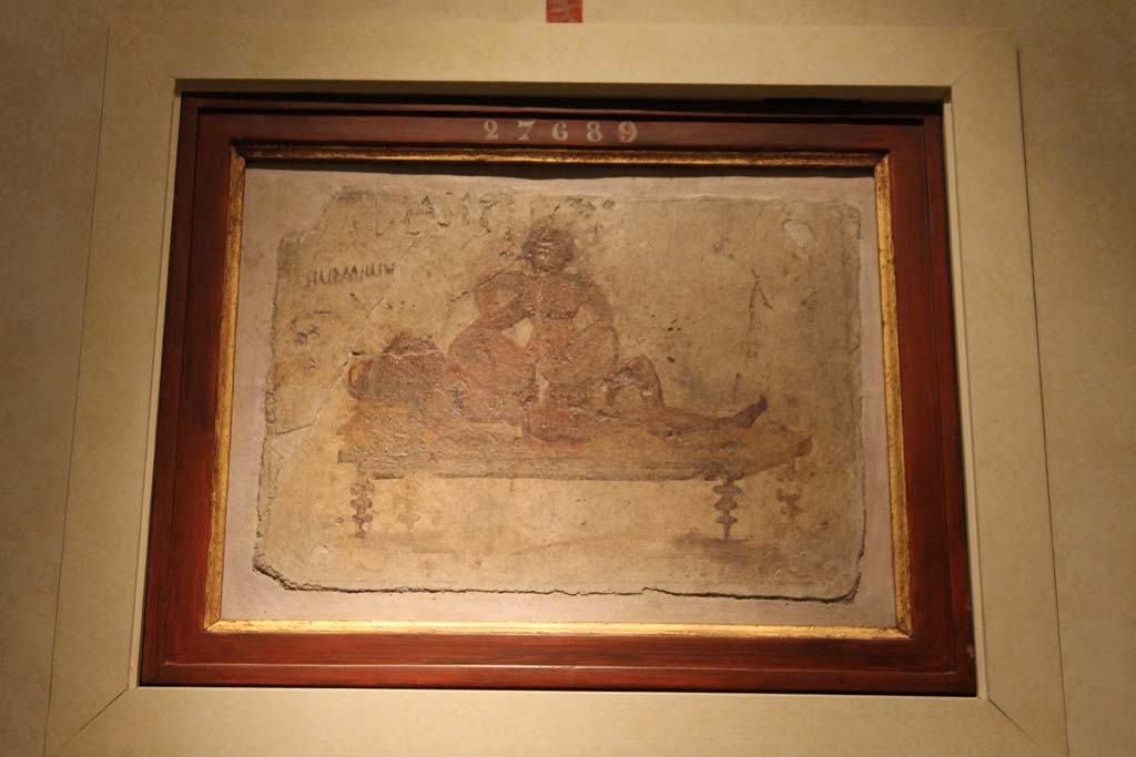 VII.6.13/14/15/16 Pompeii? July 2017. Erotic scene with inscription "ad ... sic Amilliu (s)" [CIL IV 2510]
Graffiti inscribed with a nail on the wall, and drawings from the walls of the “scandalous chamber” (as described by Gell).
Now in Naples Archaeological Museum. Inventory number 27689.
Foto Annette Haug, ERC Grant 681269 DÉCOR.
