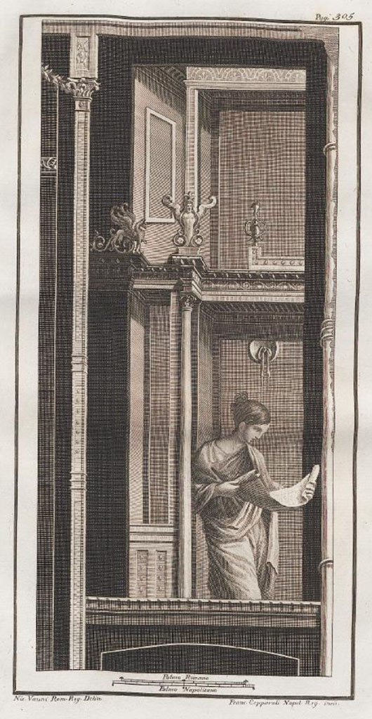 VII.6.28 Pompeii. Found in Civita, 1762. Woman holding a cloth or scroll in her hands.
Now in Naples Archaeological Museum. Inventory number 8572.
See Antichit� di Ercolano: Tomo Quarto: Le Pitture 4, 1765, 60, 305.
See Helbig, W., 1868. Wandgem�lde der vom Vesuv versch�tteten St�dte Campaniens. Leipzig: Breitkopf und H�rtel, (1866).
