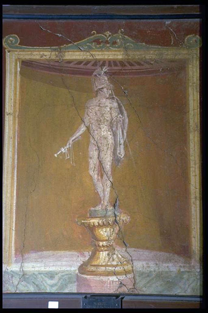 VII.6.28 Pompeii. Found in Civita, 1762. Naked warrior on pedestal, with helmet, lance and shield. Mars?.
Now in Naples Archaeological Museum. Inventory number 9646.
See Antichit� di Ercolano: Tomo Quarto: Le Pitture 4, 1765, 2, 9.
See Helbig, W., 1868. Wandgem�lde der vom Vesuv versch�tteten St�dte Campaniens. Leipzig: Breitkopf und H�rtel, (270).
