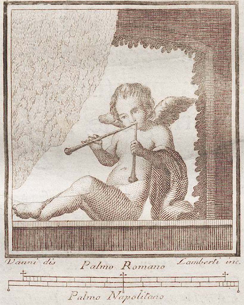 VII.6.28 Pompeii. Found in Civita, 1762. Cupid playing a double flute.
Now in Naples Archaeological Museum. Inventory number 9314.
See Antichit� di Ercolano: Tomo Setto: Le Pitture 5, 1779, 24, 108
See Helbig, W., 1868. Wandgem�lde der vom Vesuv versch�tteten St�dte Campaniens. Leipzig: Breitkopf und H�rtel, (630b).
