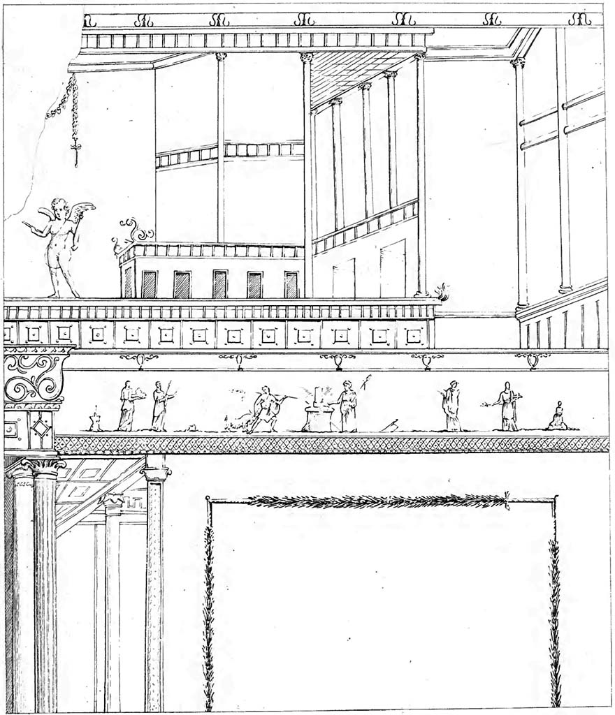 VII.6.28 Pompeii. Found on 10th April 1762, drawing by Abbate in 1843 version of Raccolta.
See Raccolta de pi� interessante Dipinture e di pi� belle Musaici rinvenuti negli Scavi di Ercolano, di Pompei, e di Stabia. 1843. Napoli.
