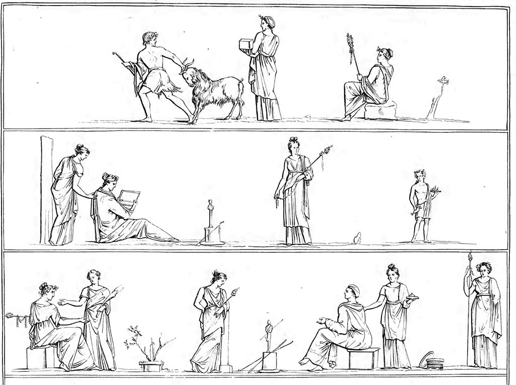 VII.6.28 Pompeii.vii.6.28 Pompeii. Drawing by Abbate entitled Bacchic functions, from cornice.
See Raccolta de pi� interessante Dipinture e di pi� belle Musaici rinvenuti negli Scavi di Ercolano, di Pompei, e di Stabia. 1843. Napoli.
Now in Naples Archaeological Museum. Part of inventory number 9183.
