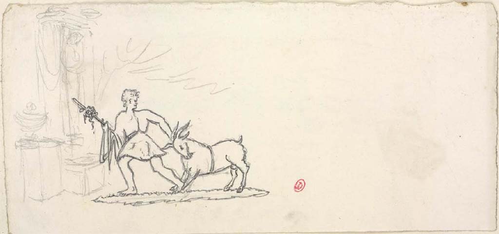 VII.6.28 Pompeii. 
This may be from the cornice, see above, with the goat is being pulled to the left, and there are added buildings, trees, etc. 
See Gell, W. Pompeii unpublished [Dessins de l'�dition de 1832 donnant le r�sultat des fouilles post 1819 (?)] vol II, pl. 49.
Biblioth�que de l'Institut National d'Histoire de l'Art, collections Jacques Doucet, Identifiant num�rique Num MS180 (2).
See book in INHA Use Etalab Licence Ouverte

