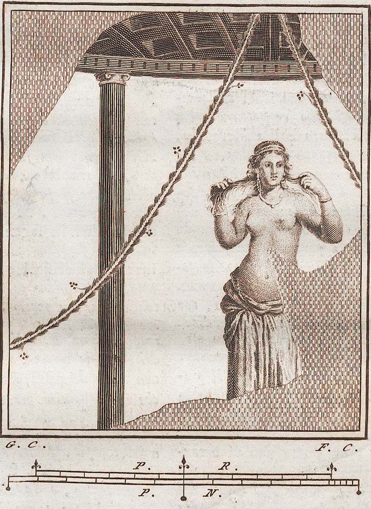 VII.6.28 Pompeii. Found in Civita, 1762. Fresco of half-naked woman who is lifting her hair with her hands.
Now in Naples Archaeological Museum. Inventory number 9252.
See Antichit� di Ercolano: Tomo Setto: Le Pitture 5, 1779, 19, 88
See Helbig, W., 1868. Wandgem�lde der vom Vesuv versch�tteten St�dte Campaniens. Leipzig: Breitkopf und H�rtel, (293).
