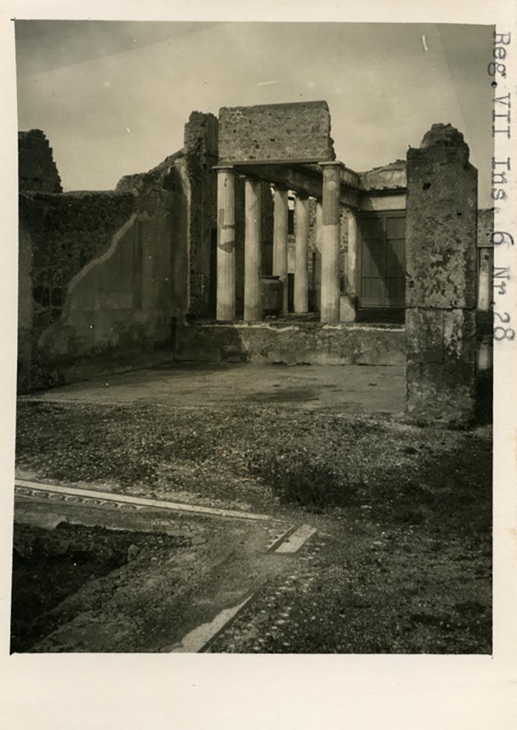 VII.6.28 Pompeii. Pre-1937-39. 
Looking north across impluvium towards tablinum and peristyle with shutters protecting the garden painting.
Photo courtesy of American Academy in Rome, Photographic Archive. Warsher collection no. 1454.

