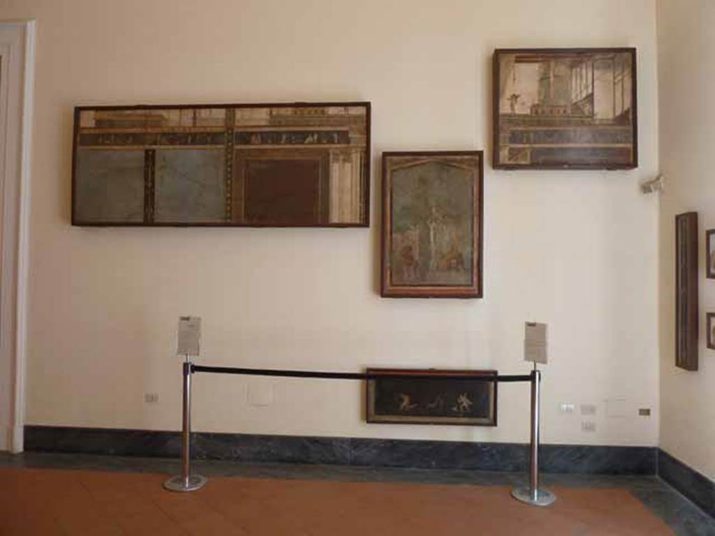 VII.6.28 Pompeii. May 2010. Paintings from one wall of cubiculum 8, recreated in their original position. Displayed in Naples Archaeological Museum.
