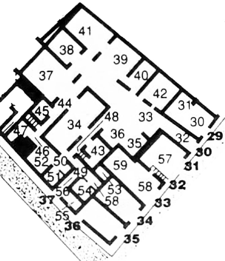 VII.6.30-37 Pompeii. Plan based on PPM.
See Carratelli, G. P., 1990-2003. Pompei: Pitture e Mosaici: Vol. VII. Roma: Istituto della enciclopedia italiana, p. 197.