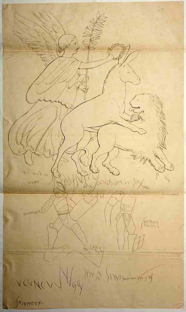 VII.6.35/34 Pompeii. Anonymous drawing of fresco and gladiator graffiti found on the pilaster between VII.6.35 and 34.
Now in Naples Archaeological Museum. Inventory number ADS 693.
Photo © ICCD. https://www.catalogo.beniculturali.it/
Utilizzabili alle condizioni della licenza Attribuzione - Non commerciale - Condividi allo stesso modo 2.5 Italia (CC BY-NC-SA 2.5 IT)

