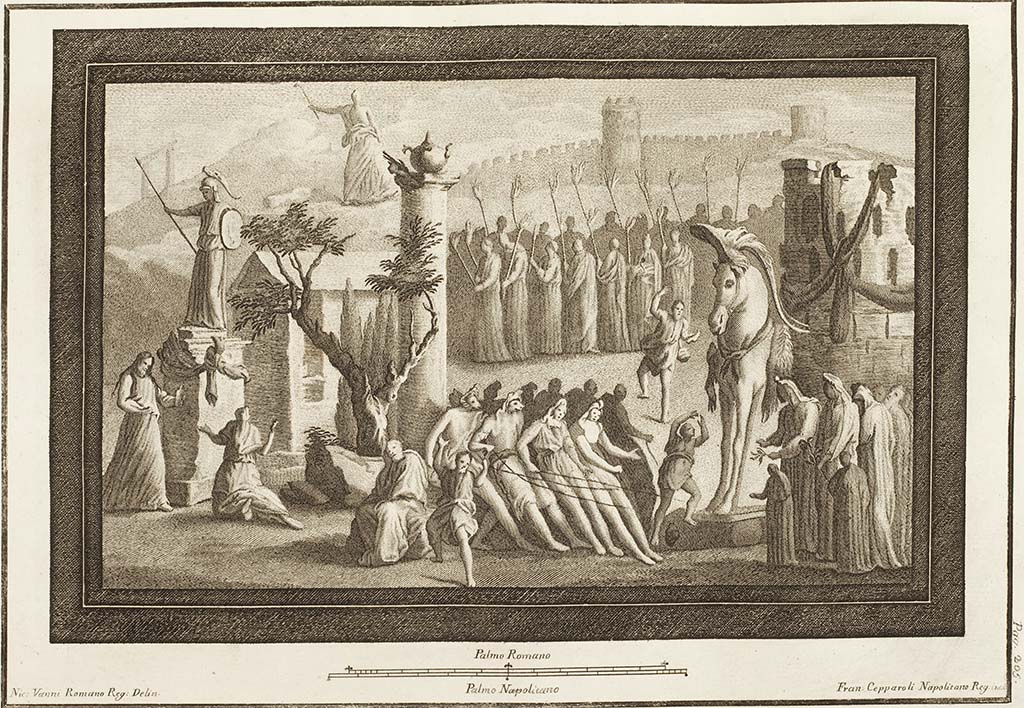 VII.6.38 Pompeii. Painting called “The Siege of Troy”, found in the exedra/oecus or tablinum, Room 23.
See Antichità di Ercolano: Tomo Terzo: Le Pitture 3, 1762, tav. 40, p. 205.
Original now in Naples Archaeological Museum, inventory number 9010.
See Hodske, J. (2007). Mythologische Bildthemen in den Hausern Pompejis. Ruhpolding; Rutzen, (p. 215, Taf 113, Kat.500).
