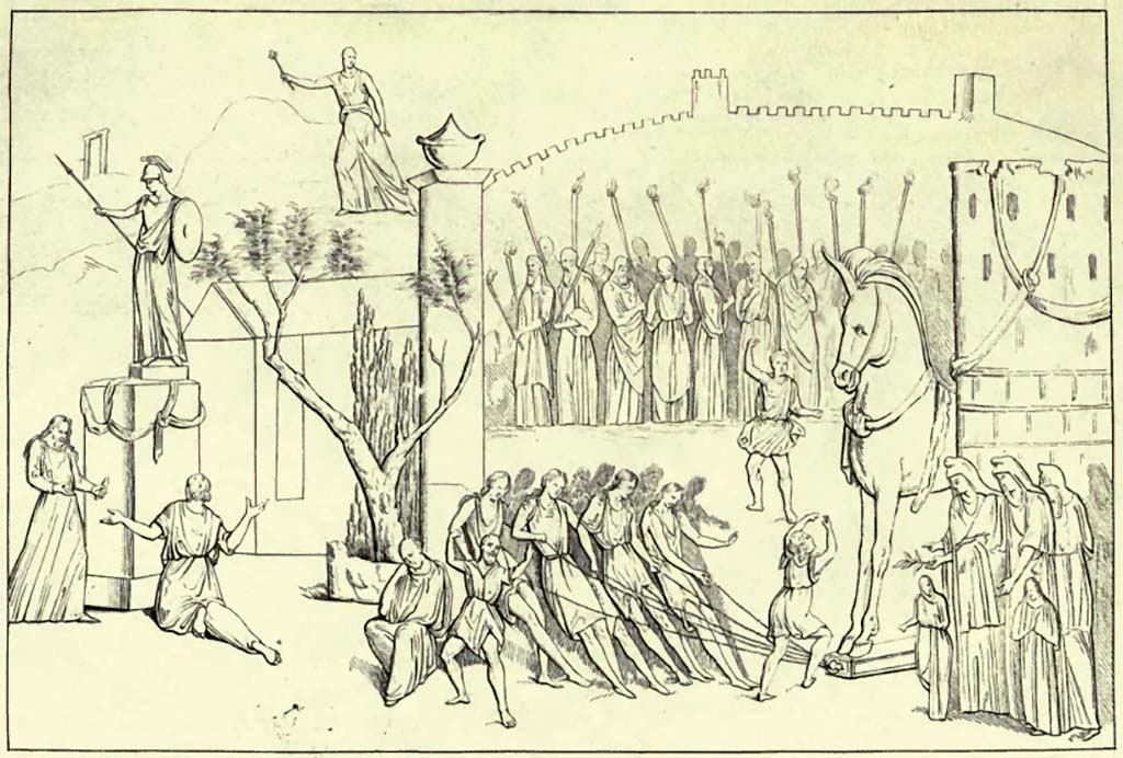 VII.6.38 Pompeii. Pre-1843. Drawing by Abbate of “The Siege of Troy”.
Original now in Naples Archaeological Museum, inventory number 9010.
See Raccolta de più interessante Dipinture e di più belle Musaici rinvenuti negli Scavi di Ercolano, di Pompei, e di Stabia. 1843. Napoli.
