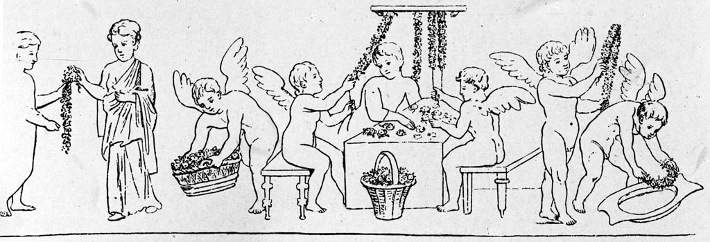 VII.7.5 Pompeii. W.47. Drawing of wall painting showing Cupids, making flower garlands.
According to Bragantini, this would have been seen on the north wall of the first oecus (m) on the east side of the peristyle.
See Bragantini, de Vos, Badoni, 1986. Pitture e Pavimenti di Pompei, Parte 3. Rome: ICCD. (p.160, from “ambiente m”).
See Sogliano, A., 1879. Le pitture murali campane scoverte negli anni 1867-79. Napoli: Giannini. (p.63, no.364).
Photo by Tatiana Warscher. Photo © Deutsches Archäologisches Institut, Abteilung Rom, Arkiv.