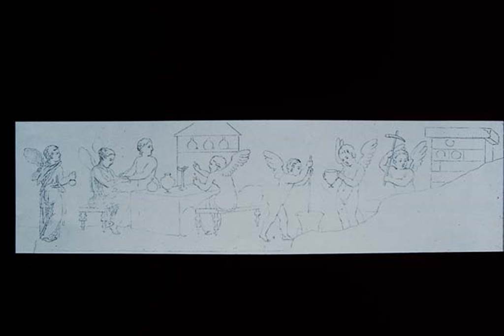 VII.7.5 Pompeii. 1957. Drawing of wall painting showing cupids making the wine.
North wall of first room (m) on the east side of the peristyle.
Photo by Stanley A. Jashemski.
Source: The Wilhelmina and Stanley A. Jashemski archive in the University of Maryland Library, Special Collections (See collection page) and made available under the Creative Commons Attribution-Non Commercial License v.4. See Licence and use details.
J57f0359
See Sogliano, A., 1879. Le pitture murali campane scoverte negli anni 1867-79. Napoli: Giannini. (p.63, no.366).
See BdI 1871, p. 236.