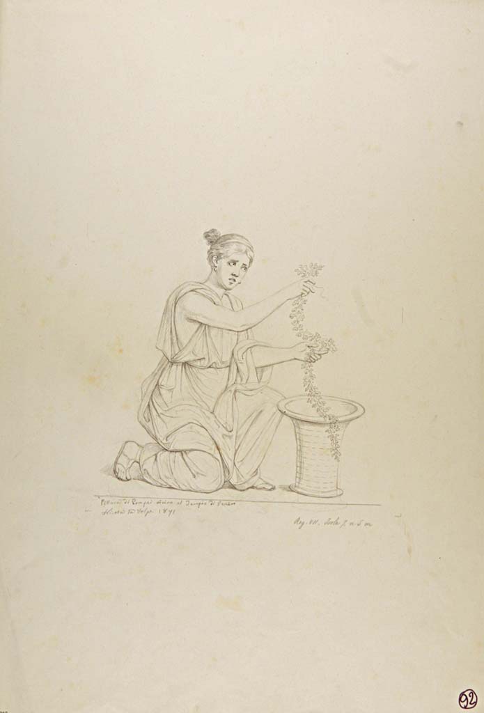 VII.7.5 Pompeii. Oecus (m). 1871 drawing of painting of female figure with garland and basket by Nicola La Volpe.
Now in Naples Archaeological Museum. Inventory number ADS 700.
Photo © ICCD. http://www.catalogo.beniculturali.it
Utilizzabili alle condizioni della licenza Attribuzione - Non commerciale - Condividi allo stesso modo 2.5 Italia (CC BY-NC-SA 2.5 IT)