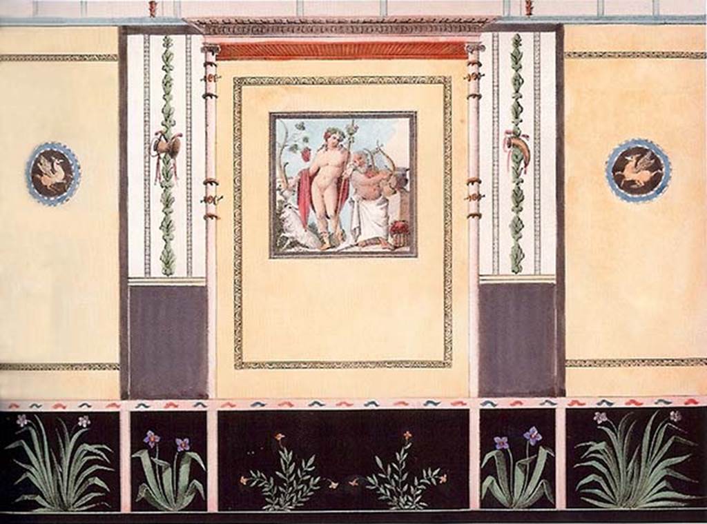 VII.7.30/32 Pompeii. 1834 painting of the wall of the small room with the painting of Bacchus and Silenus.
Bacchus was holding the thyrsus in one hand and an upended cup in the other; Silenus was playing his lyre for the god. 
Mazois could not understand why the artist had drawn a Billy goat rather than the panther seen in the original.
See Mazois, F., 1838. Les Ruines de Pompei : Quatri�me Partie. Paris: Didot Fr�res, p. 39, note (1), pl. XLII.

