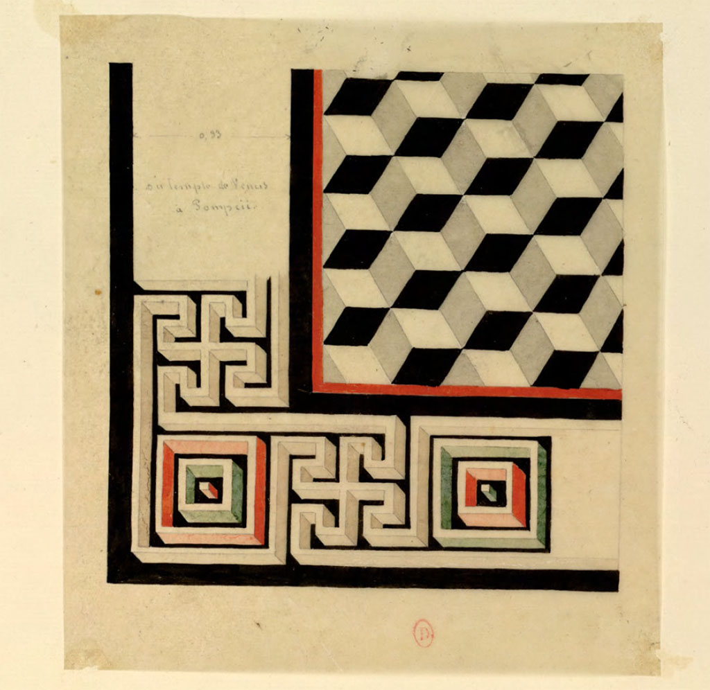 VII.7.32 Pompeii. Mai 1823? Described as from the Temple of Venus. Mosaic flooring from the cella as painted by Antoine-Marie Chenavard.
Dans la partie supérieure du feuillet, relevé d'un angle du pavement de mosaïque dans la cella du Temple d'Apollon.
See Chenavard, Antoine-Marie (1787-1883) et al. Voyage d'Italie, croquis Tome 3, pl. 103.
INHA Identifiant numérique : NUM MS 703 (3). See Book on INHA 
Document placé sous « Licence Ouverte / Open Licence » Etalab   
