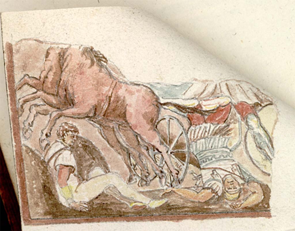 VII.7.32 Pompeii. c.1819 sketch by W. Gell of painting from the “in the Temple of Bacchus" referred to as "Hector".
See Gell W & Gandy, J.P: Pompeii published 1819 [Dessins publiés dans l'ouvrage de Sir William Gell et John P. Gandy, Pompeiana: the topography, edifices and ornaments of Pompei, 1817-1819], pl. 63 verso.
See book in Bibliothèque de l'Institut National d'Histoire de l'Art [France], collections Jacques Doucet Gell Dessins 1817-1819
Use Etalab Open Licence ou Etalab Licence Ouverte
