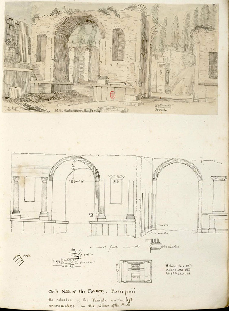 VII.8 Pompeii Forum. Between 1819 and 1832. Drawing by W. Gell, of N.E. exit from the Forum.
Note: the drawing below showing columns on the arch, on the left, as well as reconstructed arch, on the right.
See Gell, W. Pompeii unpublished [Dessins de l'édition de 1832 donnant le résultat des fouilles post 1819 (?)] vol II, pl. 7.
Bibliothèque de l'Institut National d'Histoire de l'Art, collections Jacques Doucet, Identifiant numérique Num MS180 (2).
See book in INHA Use Etalab Licence Ouverte
