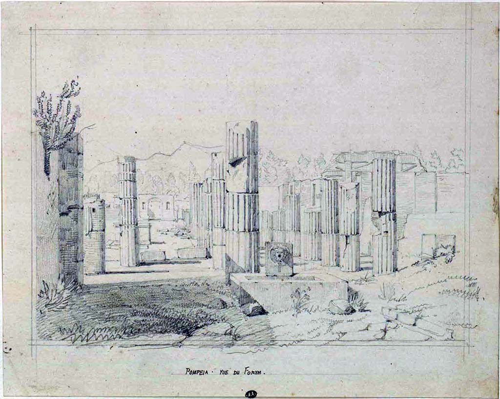 VII.8 Pompeii. Between 1823 and 1828, sketch by F. Duban, looking north towards Forum from fountain at end of Via delle Scuole.
See Duban F. Album de dessins d'architecture effectués par Félix Duban pendant son pensionnat à la Villa Medicis, entre 1823 et 1828: Tome 2, Pompéi, pl. 23.
INHA Identifiant numérique NUM PC 40425 (2)
https://bibliotheque-numerique.inha.fr/idurl/1/7157  « Licence Ouverte / Open Licence » Etalab
