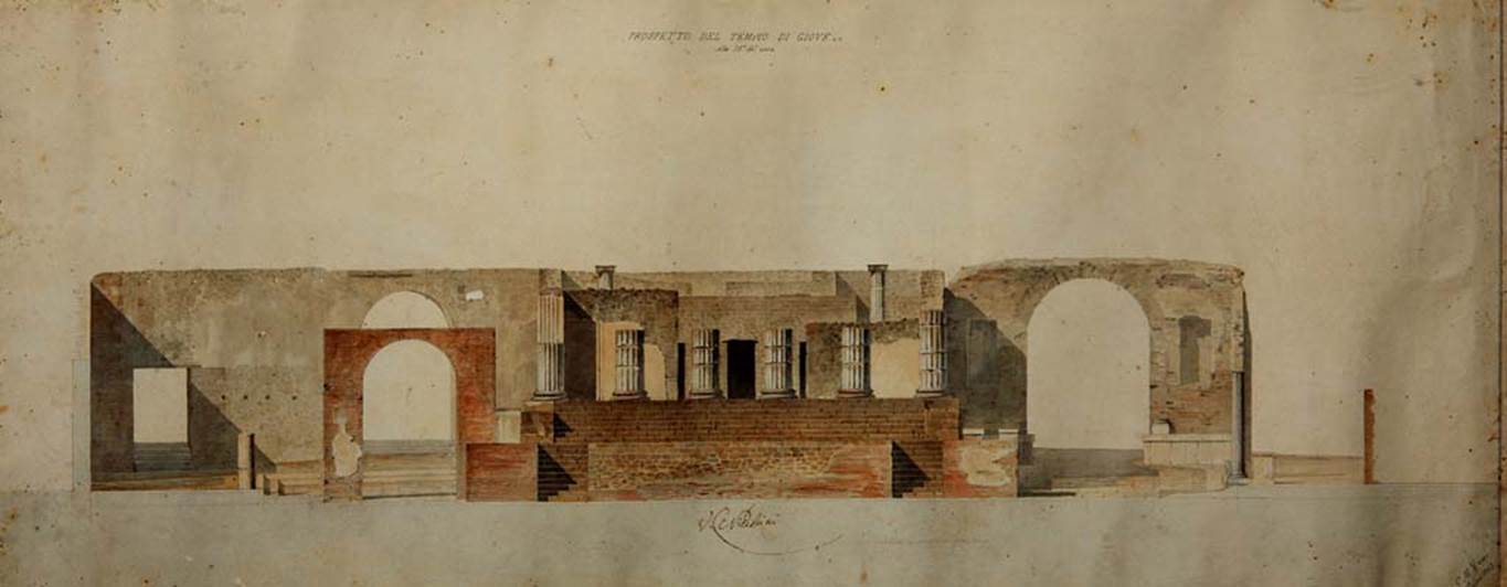 VII.8.1 Pompeii. Painting by Pasquale Maria Veneri, 1843, showing the Temple on the north side of the forum. 
Now in Naples Archaeological Museum. Inventory number ADS 695b.
Photo © ICCD. http://www.catalogo.beniculturali.it
Utilizzabili alle condizioni della licenza Attribuzione - Non commerciale - Condividi allo stesso modo 2.5 Italia (CC BY-NC-SA 2.5 IT)
