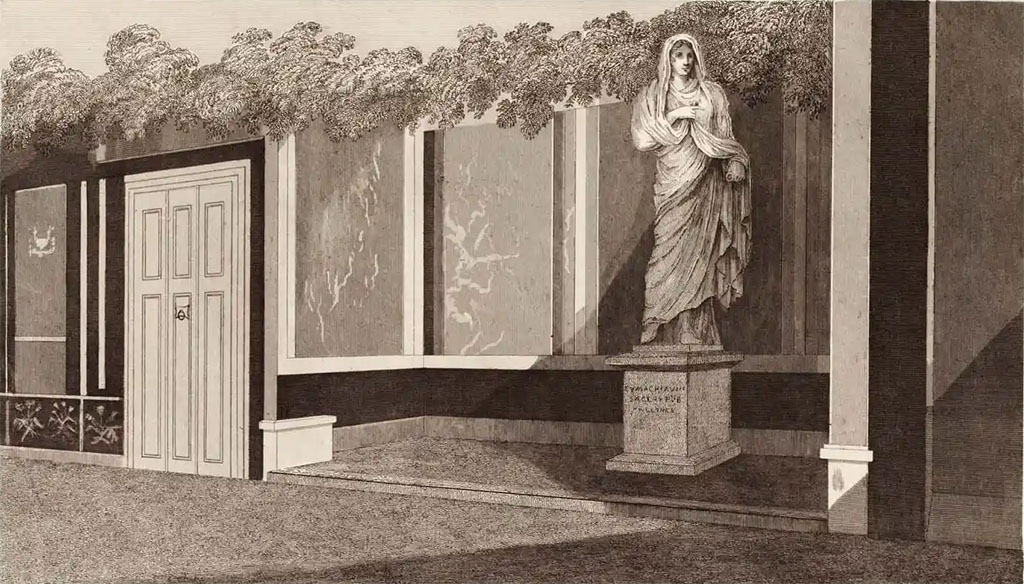 VII.9.1 Pompeii. c.1820. Drawing by Gell of the Broad Niche 13 and statue of Eumachia.
Gell wrote –
“In the centre of this innermost Crypt, which is there fifteen feet eight inches wide, exactly behind the semi-circular tribunal and close to the staircase before mentioned as ascending from the Via dei Mercanti, is a recess painted in green and red panels, in the centre of which is the statue of Eumachia, the public priestess, and the foundress of the Chalcidicum, the Crypt, and the Portico, not ungracefully executed in white marble.
She is represented about five feet four inches in height, and stands on a pedestal about three feet from the pavement, on which is inscribed –
EUMACHIAE L F 
SACERD PUBL 
FULLONES.

Plate IX (above) gives a representation of the recess and statue as they were first discovered in the year 1820. The figure has been carefully preserved by a modern roof, and still remains in a case on the spot. The door which is seen painted on the wall in this plate seems to have been intended to correspond with the door of the staircase opening to the Via dei Mercanti. It is worthy of remark because no real doors remain. It is six feet wide, and ten and a half high, and is separated into three folds, with eight lines of division painted between each. A ring in the centre served to close it.
See Gell, W, 1832. Pompeiana: Vol 1. London: Jennings and Chaplin, (p.20-22, and Plate IX)
