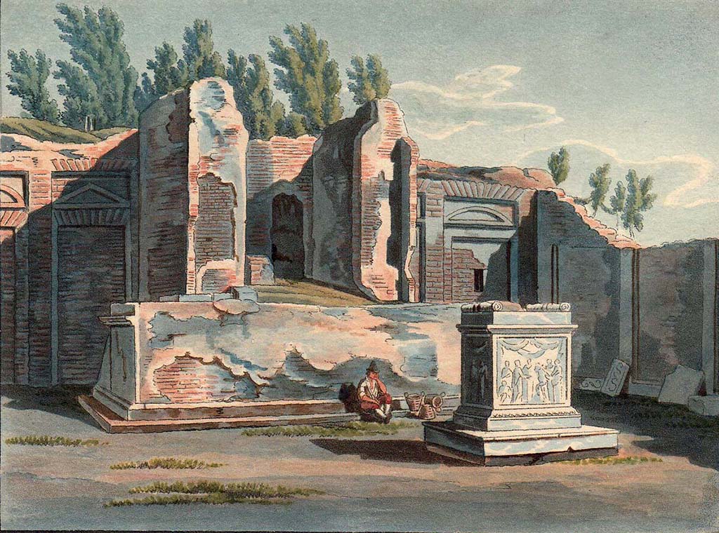 VII.9.2 Pompeii. Pre-1824 aquatint by Jakob Wilhelm Huber, “Restes du Temple de Mercure”.
See Huber, J. W., 1824. Vues pittoresques des ruines les plus remarquables de l’ancienne ville de Pompei, pl. IX.
