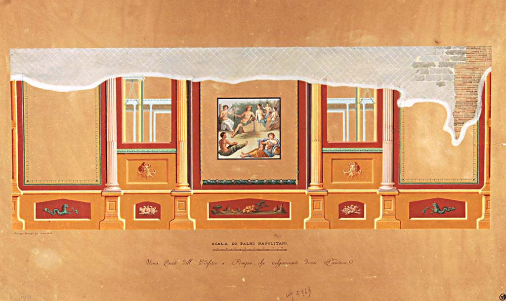 VII.9.7 and VII.9.8 Pompeii. Macellum. Painting by Giuseppe Marsigli, 1826, of east wall of large room in south-east corner, with Sarno painting in centre.
Now in Naples Archaeological Museum. Inventory number ADS 730.
Photo © ICCD. http://www.catalogo.beniculturali.it
Utilizzabili alle condizioni della licenza Attribuzione - Non commerciale - Condividi allo stesso modo 2.5 Italia (CC BY-NC-SA 2.5 IT)