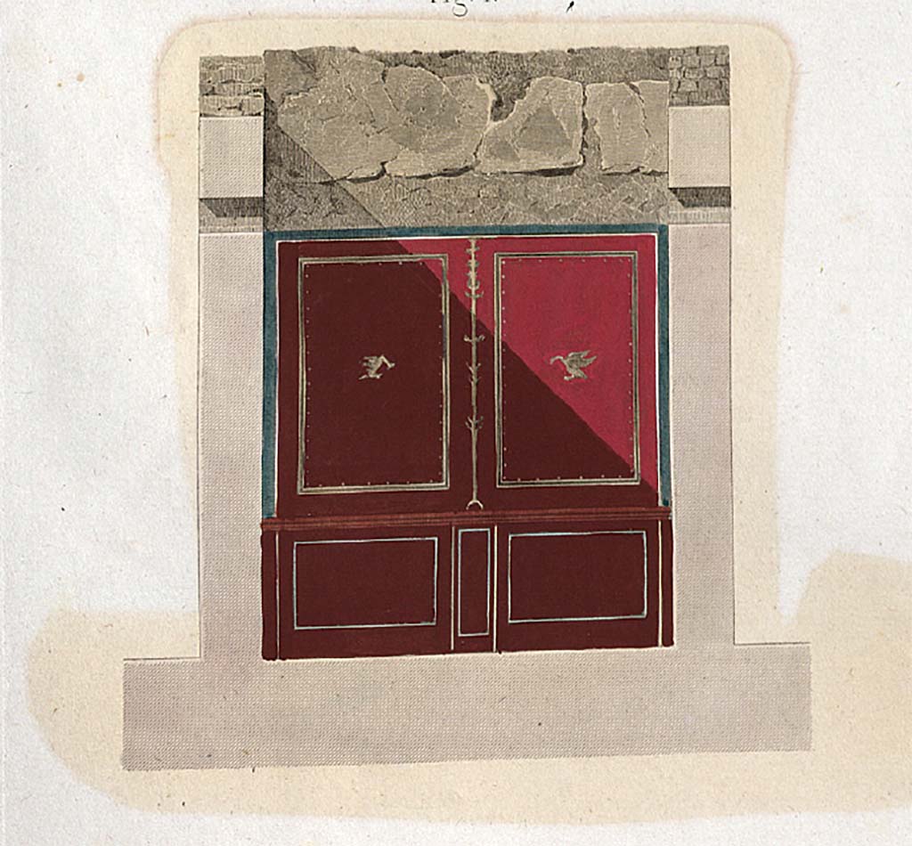 VII.9.42 Pompeii. 1829. Painting by Mazois of a second wall of bottega on the south side of the edifice.
See Mazois, F., 1829. Les Ruines de Pompei : Troisième Partie. Paris : Didot Frères, pl. XLV.
See Carratelli, G. P., 1990-2003. Pompei: Pitture e Mosaici: Vol. VII. Roma: Istituto della enciclopedia italiana, p. 333.
