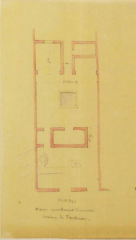 VII.9.40/41 Pompeii. Described as �House newly excavated behind the Pantheon�.
Undated sketch by Lesueur, showing doorway to corridor to house at VII.9.40, lower right, and doorway to shop at VII.9.41, lower centre. The upper doorway would lead into the garden area, and then VII.9.27. 
See Lesueur, Jean-Baptiste Ciceron. Voyage en Italie de Jean-Baptiste Ciceron Lesueur (1794-1883), pl. 42.
See Book on INHA reference INHA NUM PC 15469 (04)  � Licence Ouverte / Open Licence � Etalab
