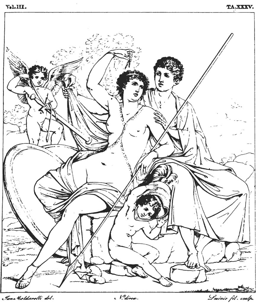 VII.9.47 Pompeii. Pre-1827 drawing by Maldarelli of painting of Mars and Venus.
Room 6, west wall of tablinum, found 24th June 1820.
See Real Museo Borbonico Vol. III, 1827, Tav. XXXV.