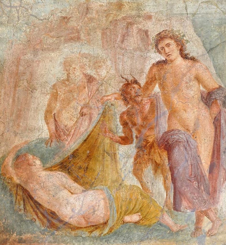 VII.10.3 Pompeii. Room 7, tablinum, centre of south wall. Wall painting of Dionysus finding Ariadne. 
Now in Naples Archaeological Museum. Inventory number 111484.
Our thanks to Rachel Lowder for helping with this.
