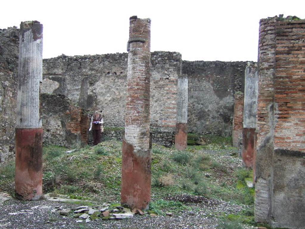 VII.10.5 Pompeii. December 2005. Looking south from north-west corner of portico. The pillar flanked by one of its two half-columns can be seen on the right.