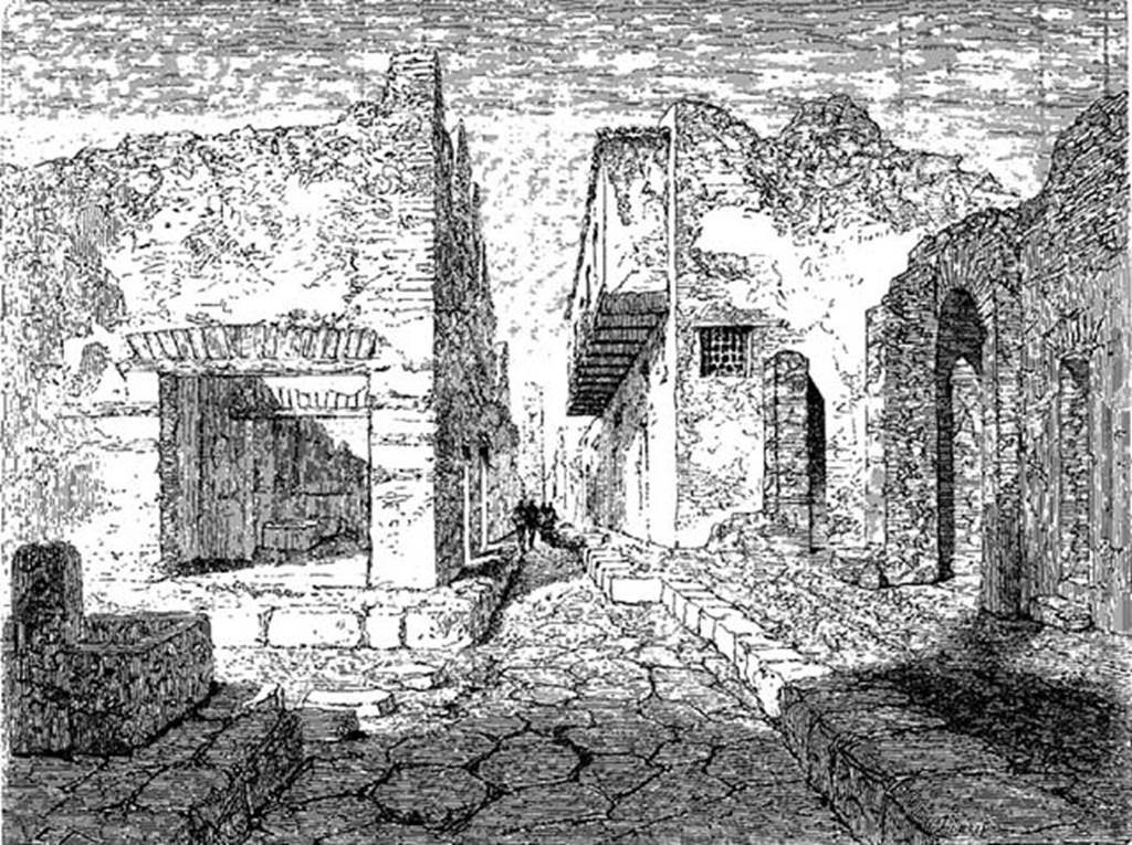 VII.10.10 Pompeii. 1864. Looking west along Vicolo del Balcone Pensile with shop VII.10.10 on left.
Drawn in 1864 by M. Ducl�re, woodcut by Th�rond.
See Le Tour du Monde 1864, p. 392.


