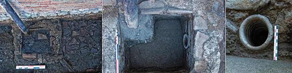Fig. 57 � Pomp�i, boulangerie VII 2, 11 � Bassin de r�ception des eaux m�t�oriques en cours de nettoyage (� g.) et � l�ach�vement de celui-ci (au centre ; vues de l�est). 
� droite, d�tail de la canalisation d��vacuation (vue du nord).
Clich�s : S. Aho � EFR.
