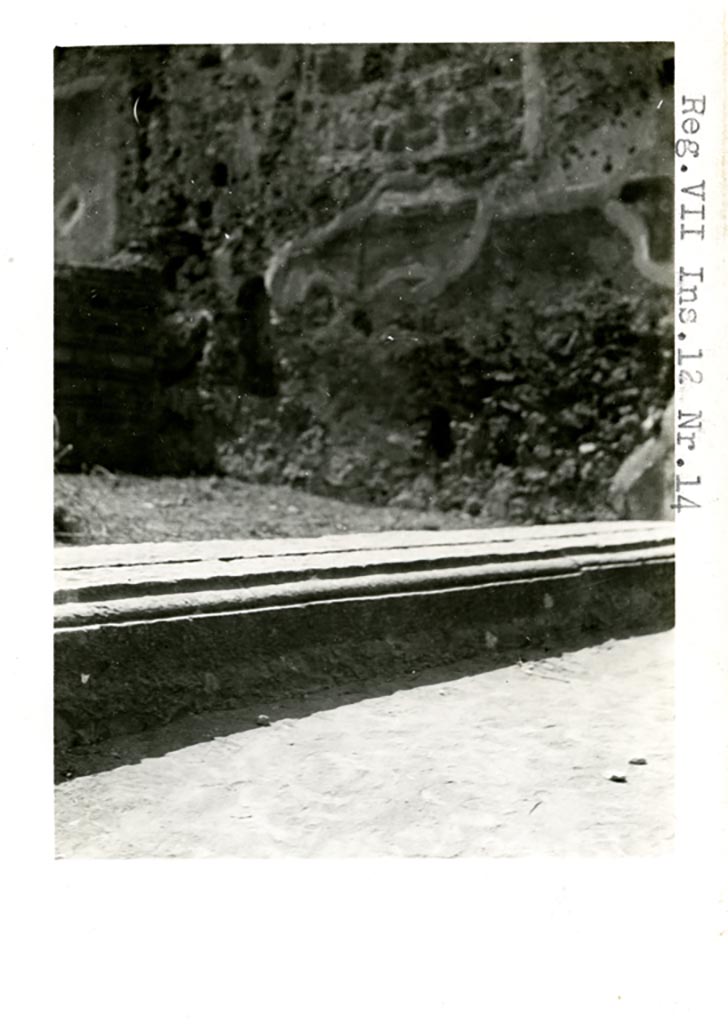 VII.12.14 Pompeii. Pre-1937-39. Looking west along entrance threshold towards west wall.
Photo courtesy of American Academy in Rome, Photographic Archive. Warsher collection no. 239.
