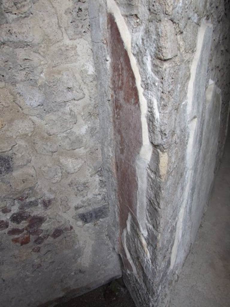 VII.12.20  Pompeii.  March 2009.  Remains of painted plaster at side of doorway to Room 5.