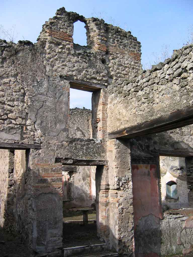 II.12.23 Pompeii. July 2009. Marble steps to garden area on west side of triclinium. According to Jashemski, large windows in three rooms had views into the garden, which was to the left, and three steps higher than the atrium. There were four niches in the north wall of the garden. A rectangular niche and the arched niche on each side were about a metre above the ground. A smaller arched niche was high above the central niche. A small round window high in the wall furnished light to the adjacent house. The statues in these niches, which were painted blue inside, would have produced rather a theatrical effect. A blue niche can be seen in the garden area through the triclinium window. Jashemski lists the statues and items found. See Jashemski, W. F., 1993. The Gardens of Pompeii, Volume II: Appendices. New York: Caratzas. (p.193).