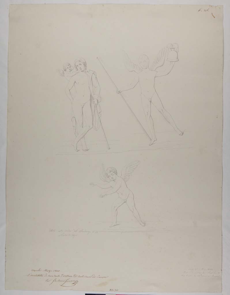 VII.13.4 Pompeii. Drawing by Nicola La Volpe, 1860, of painting of Adonis(?) and a cupid from cubiculum, as compared with Giuseppe Abbate, above.
The drawings of the cupids, were also painted by Abbate, but not known from which room
Now in Naples Archaeological Museum. Inventory number ADS 762.
Photo � ICCD. http://www.catalogo.beniculturali.it
Utilizzabili alle condizioni della licenza Attribuzione - Non commerciale - Condividi allo stesso modo 2.5 Italia (CC BY-NC-SA 2.5 IT)
