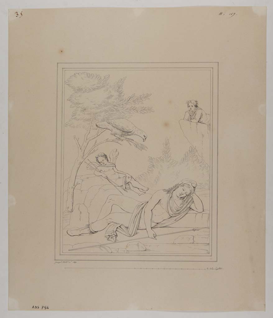 VII.13.4 Pompeii. Drawing by Giuseppe Abbate, 1840, of painting from north wall of oecus/cubiculum on east side of peristyle, at the time of excavation.
See Fiorelli G., 1840. Pompeianarum antiquitatum historia, Vol. 2: 1819 - 1860, Naples, p.381, dated 3rd August 1840.
The drawing was of the painting which gave the name to the house, showing sleeping Ganimede and the eagle. 
The painting has now faded and disappeared. 
See Helbig, W., 1868. Wandgem�lde der vom Vesuv versch�tteten St�dte Campaniens. Leipzig: Breitkopf und H�rtel, (155).
Now in Naples Archaeological Museum. Inventory number ADS 756.
Photo � ICCD. http://www.catalogo.beniculturali.it
Utilizzabili alle condizioni della licenza Attribuzione - Non commerciale - Condividi allo stesso modo 2.5 Italia (CC BY-NC-SA 2.5 IT)
