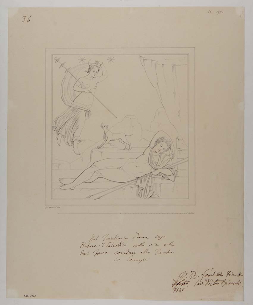 VII.13.4 Pompeii. Drawing by Giuseppe Abbate, 1840, of painting from wall of triclinium/oecus/cubiculum on east side of peristyle, at the time of excavation. 
The drawing was of the painting showing Endymion and Selene, now faded and disappeared. 
See Helbig, W., 1868. Wandgem�lde der vom Vesuv versch�tteten St�dte Campaniens. Leipzig: Breitkopf und H�rtel, (942).
Now in Naples Archaeological Museum. Inventory number ADS 757.
Photo � ICCD. http://www.catalogo.beniculturali.it
Utilizzabili alle condizioni della licenza Attribuzione - Non commerciale - Condividi allo stesso modo 2.5 Italia (CC BY-NC-SA 2.5 IT)
